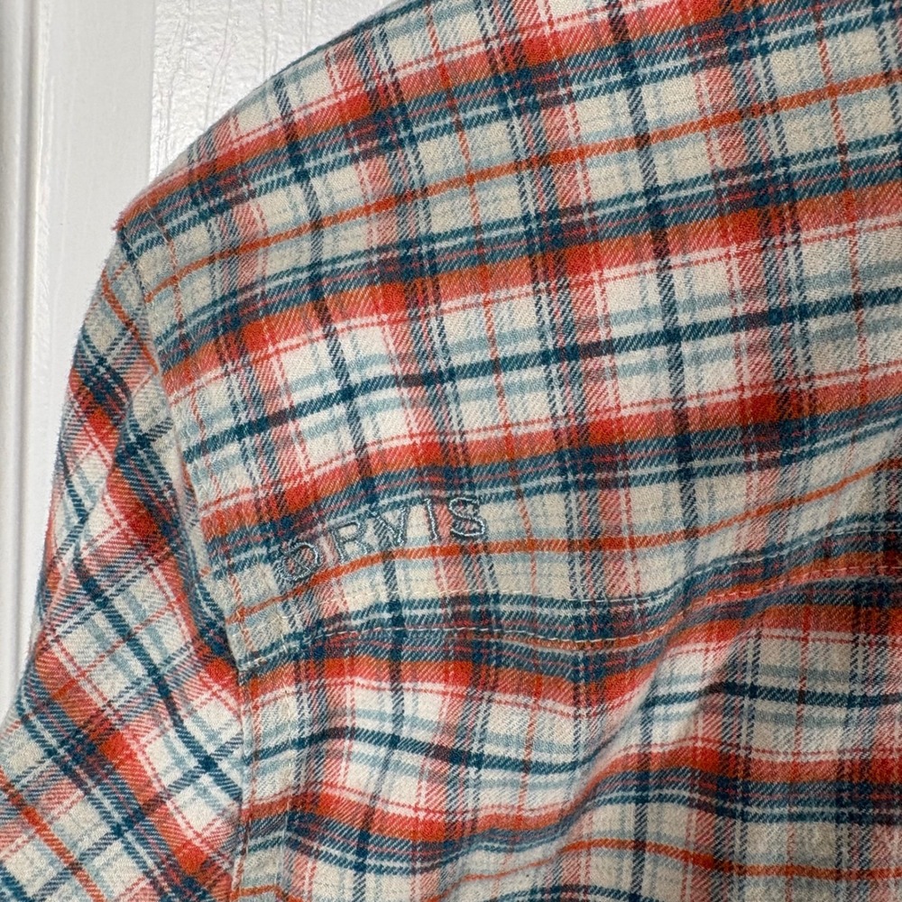 Orvis Active Fit Flannel Shirt Men's S Orange Teal Plaid Utility Gorpcore Rugged - Picture 9 of 9